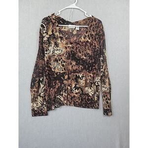 Chico's Travelers Brown Paisley Long Sleeve V Neck Blouse Women's 3 XL